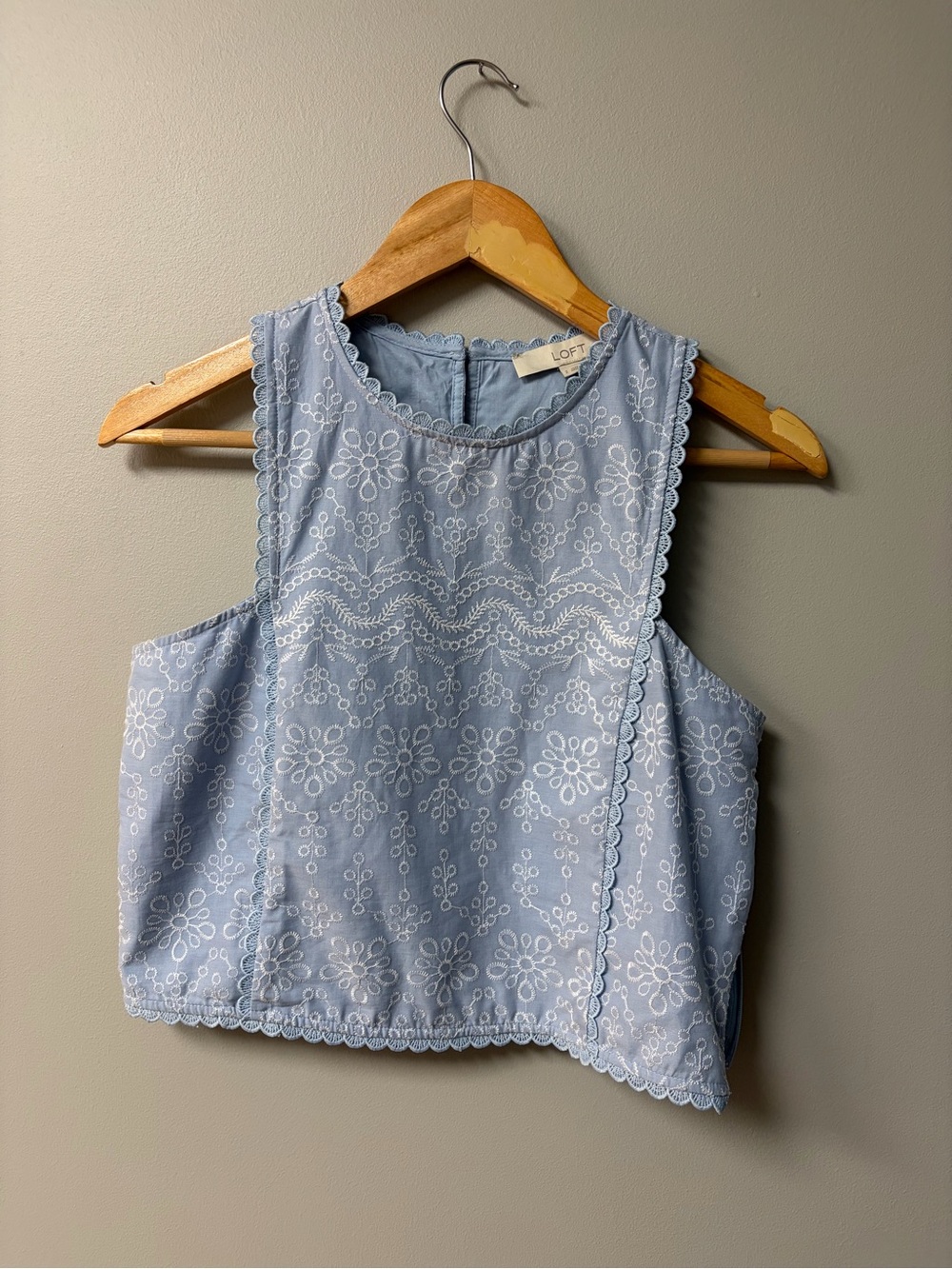 LOFT Pale Blue Eyelet Scallop Trim Crop Top